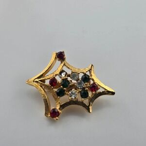 Vintage Christmas Holly Leaf‎ Rhinestone Gold Tone Brooch Pin Holiday Jewelry